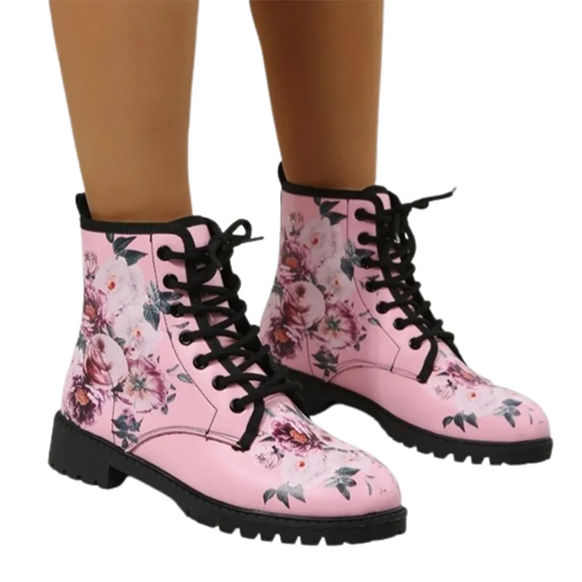 Funki Buys | Boots | Women's Floral Rose Print Flat Ankle Boots