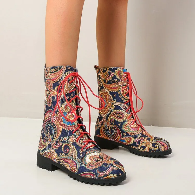 Funki Buys | Boots | Women's Flower Print Lace Up Calf Boots