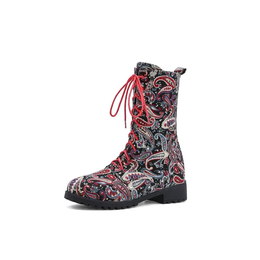 Funki Buys | Boots | Women's Flower Print Lace Up Calf Boots