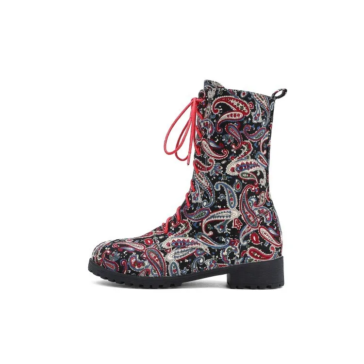 Funki Buys | Boots | Women's Flower Print Lace Up Calf Boots