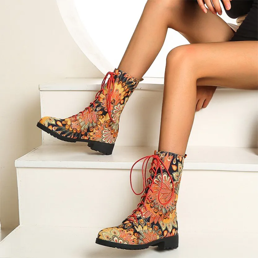 Funki Buys | Boots | Women's Flower Print Lace Up Calf Boots