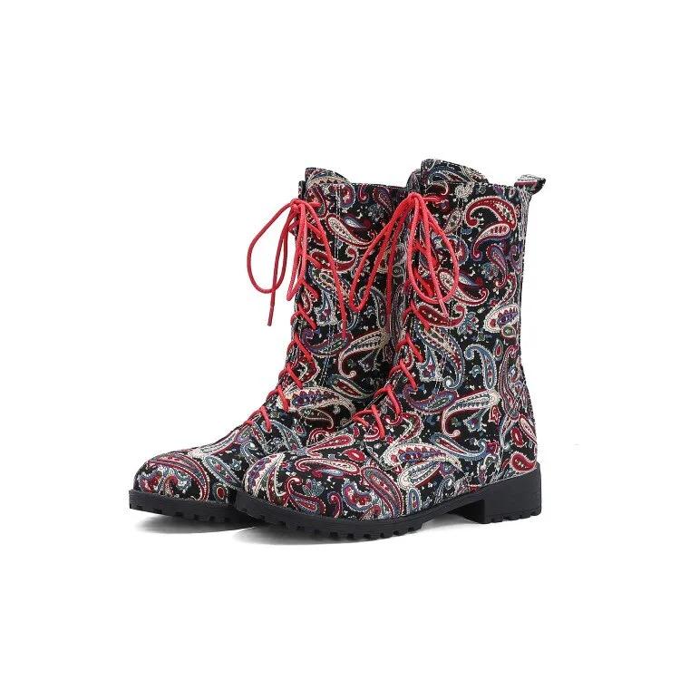 Funki Buys | Boots | Women's Flower Print Lace Up Calf Boots