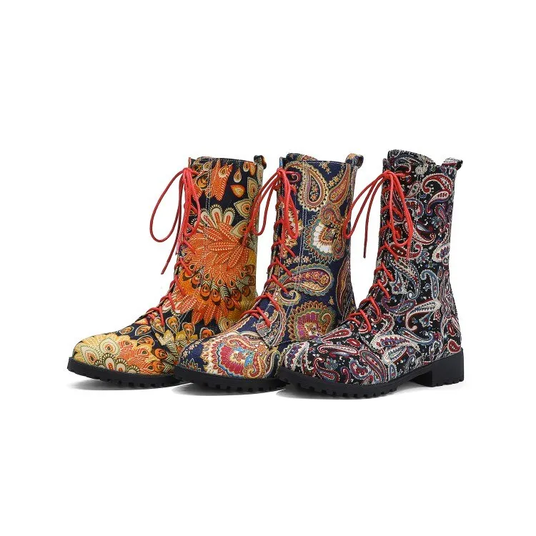 Funki Buys | Boots | Women's Flower Print Lace Up Calf Boots