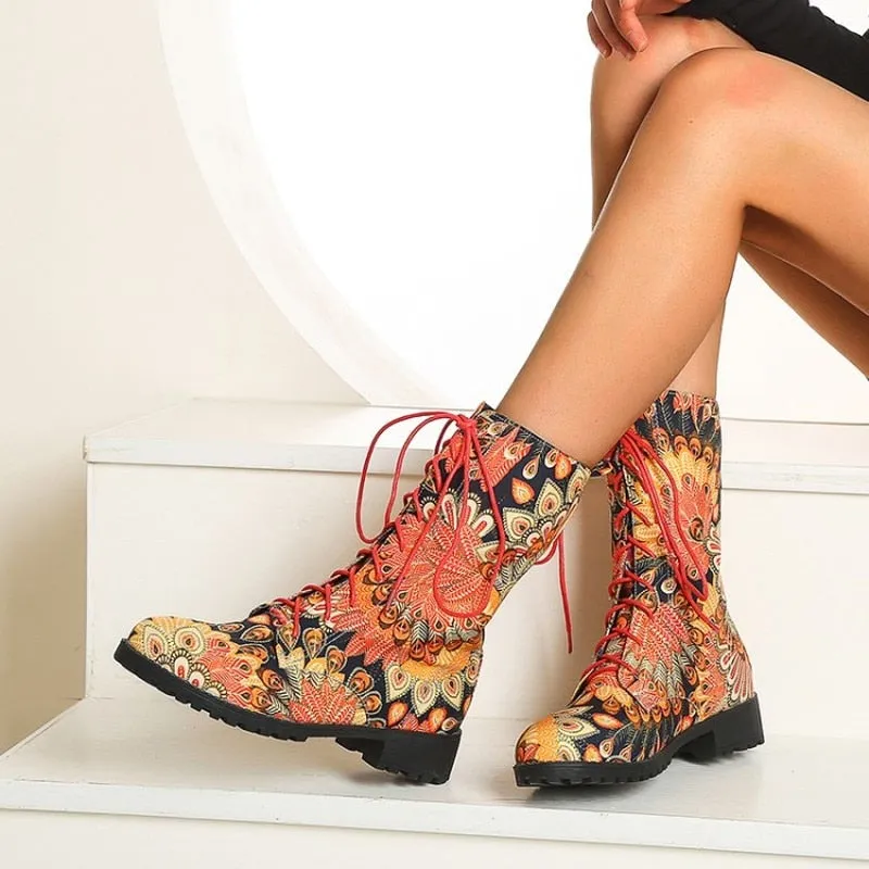 Funki Buys | Boots | Women's Flower Print Lace Up Calf Boots