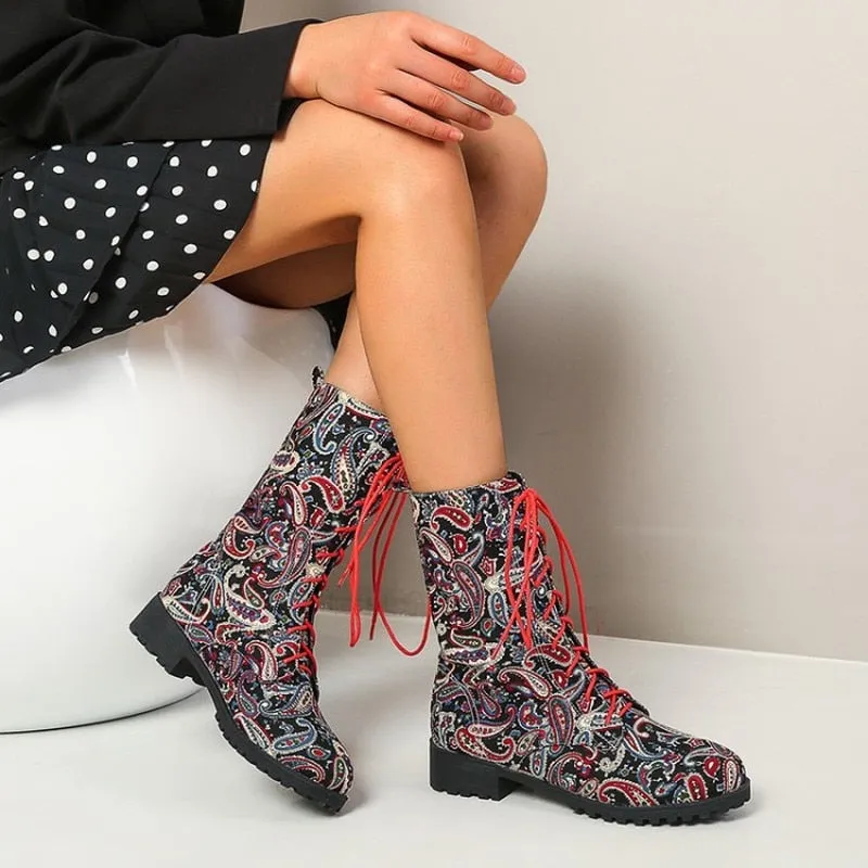 Funki Buys | Boots | Women's Flower Print Lace Up Calf Boots