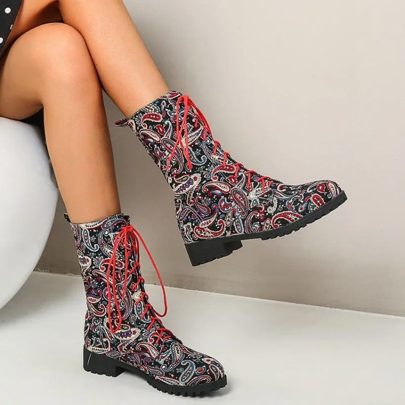 Funki Buys | Boots | Women's Flower Print Lace Up Calf Boots