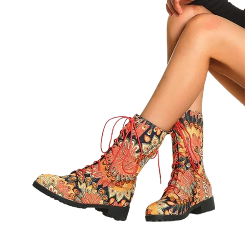 Funki Buys | Boots | Women's Flower Print Lace Up Calf Boots