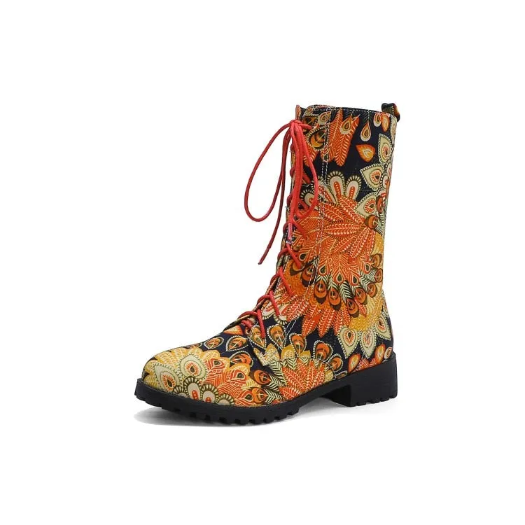 Funki Buys | Boots | Women's Flower Print Lace Up Calf Boots