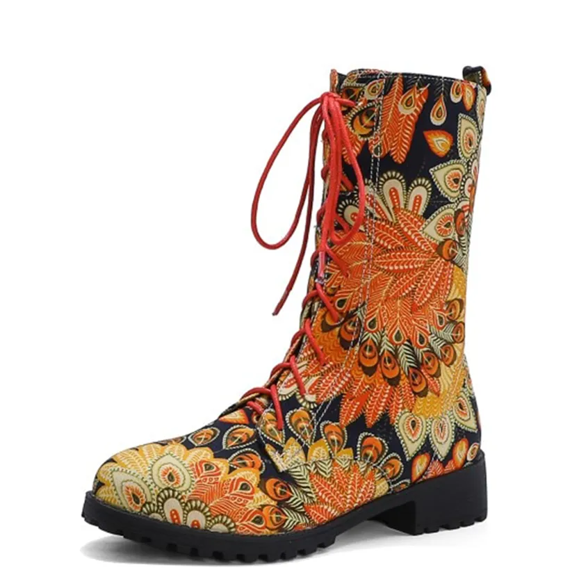 Funki Buys | Boots | Women's Flower Print Lace Up Calf Boots