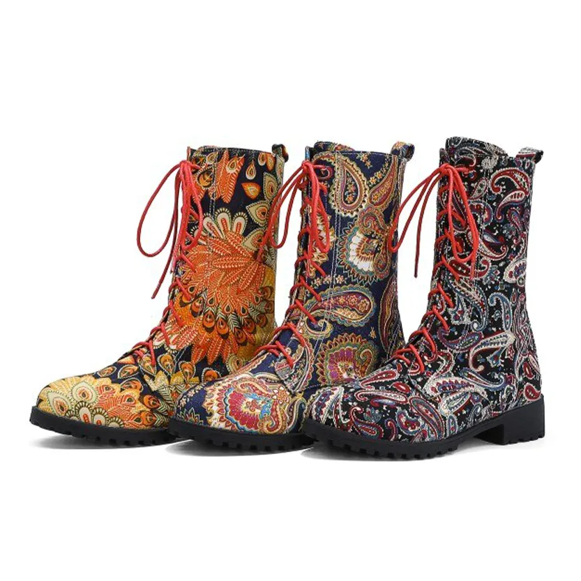 Funki Buys | Boots | Women's Flower Print Lace Up Calf Boots