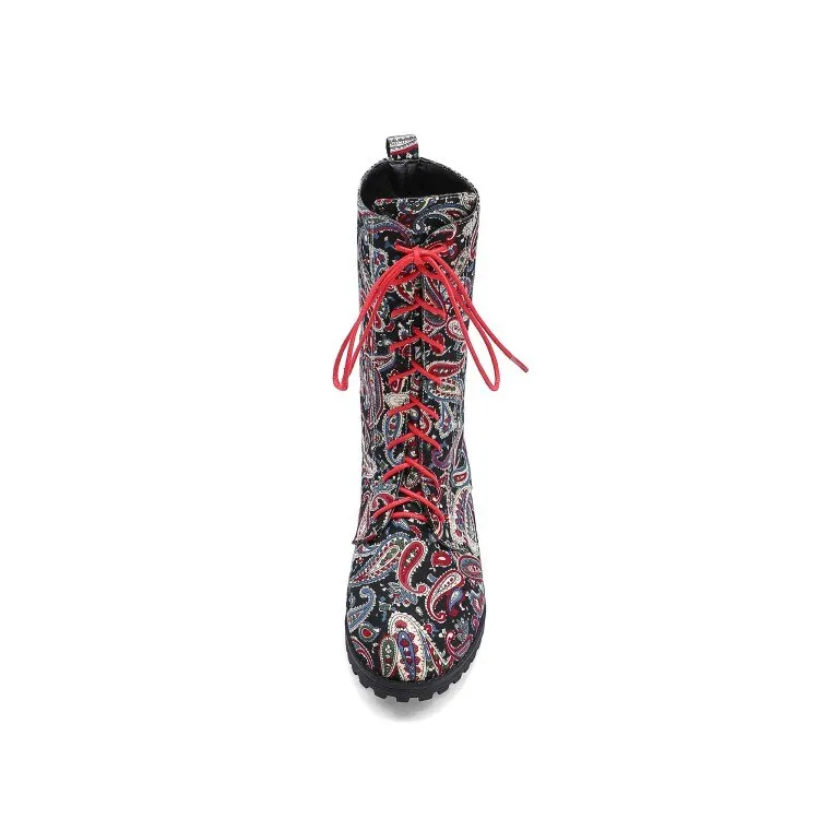 Funki Buys | Boots | Women's Flower Print Lace Up Calf Boots