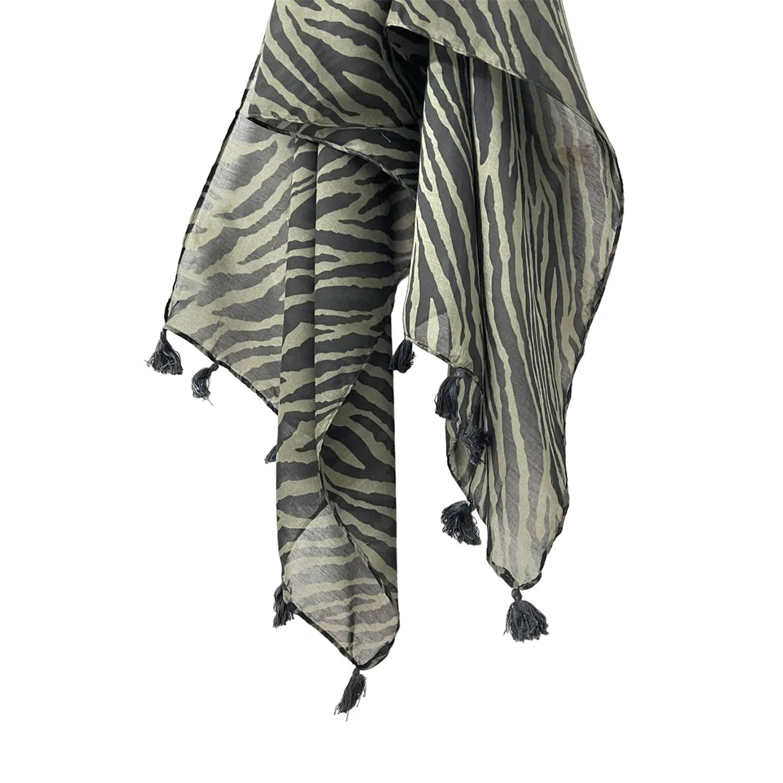 Green & Black Zebra Printed Polycotton Tassel Scarf