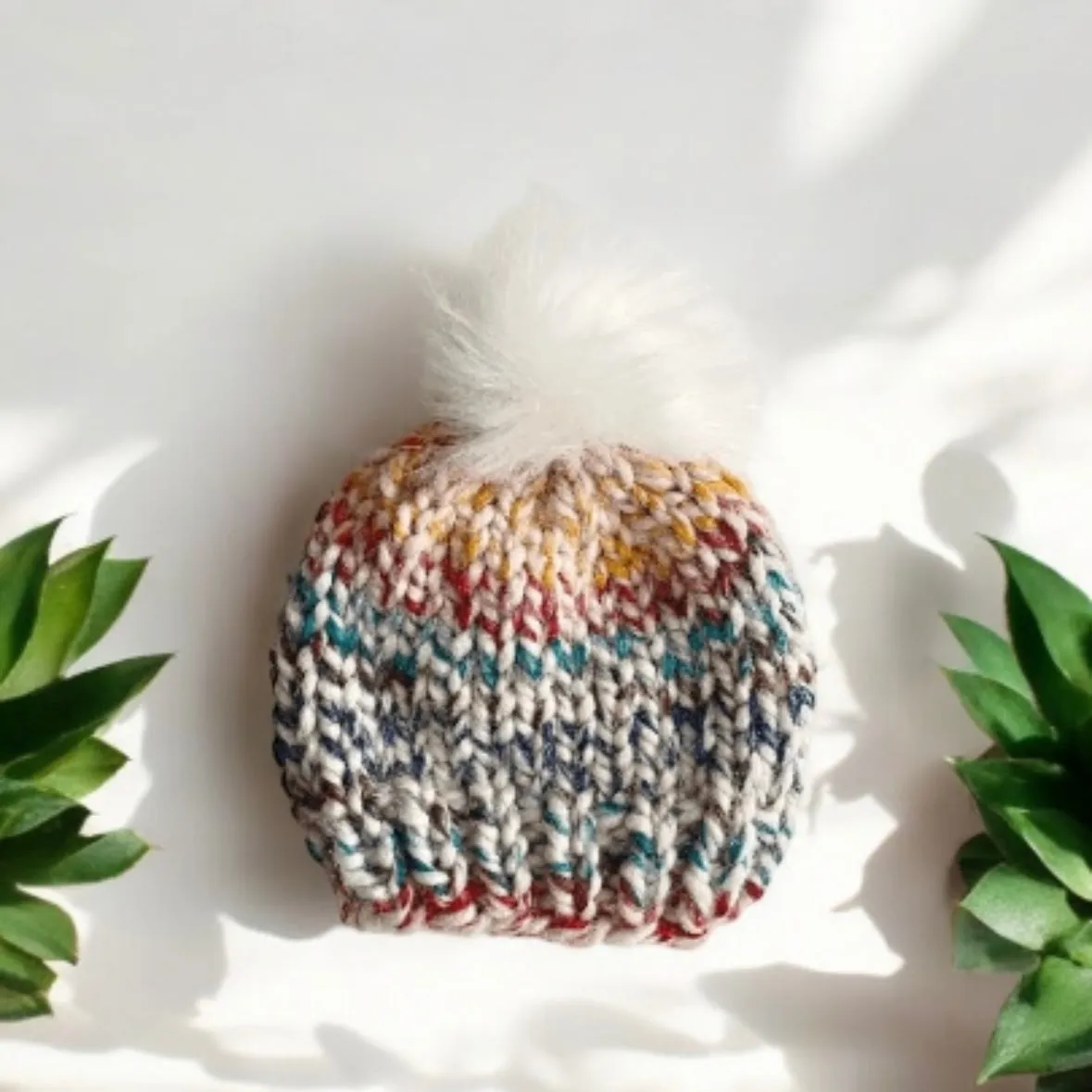 Hand knit fur Pom Pom baby Beanie in rainbow mix |Newborn baby Toddler Winter hat | Chunky Beanie |Baby shower gift |photo prop baby gift