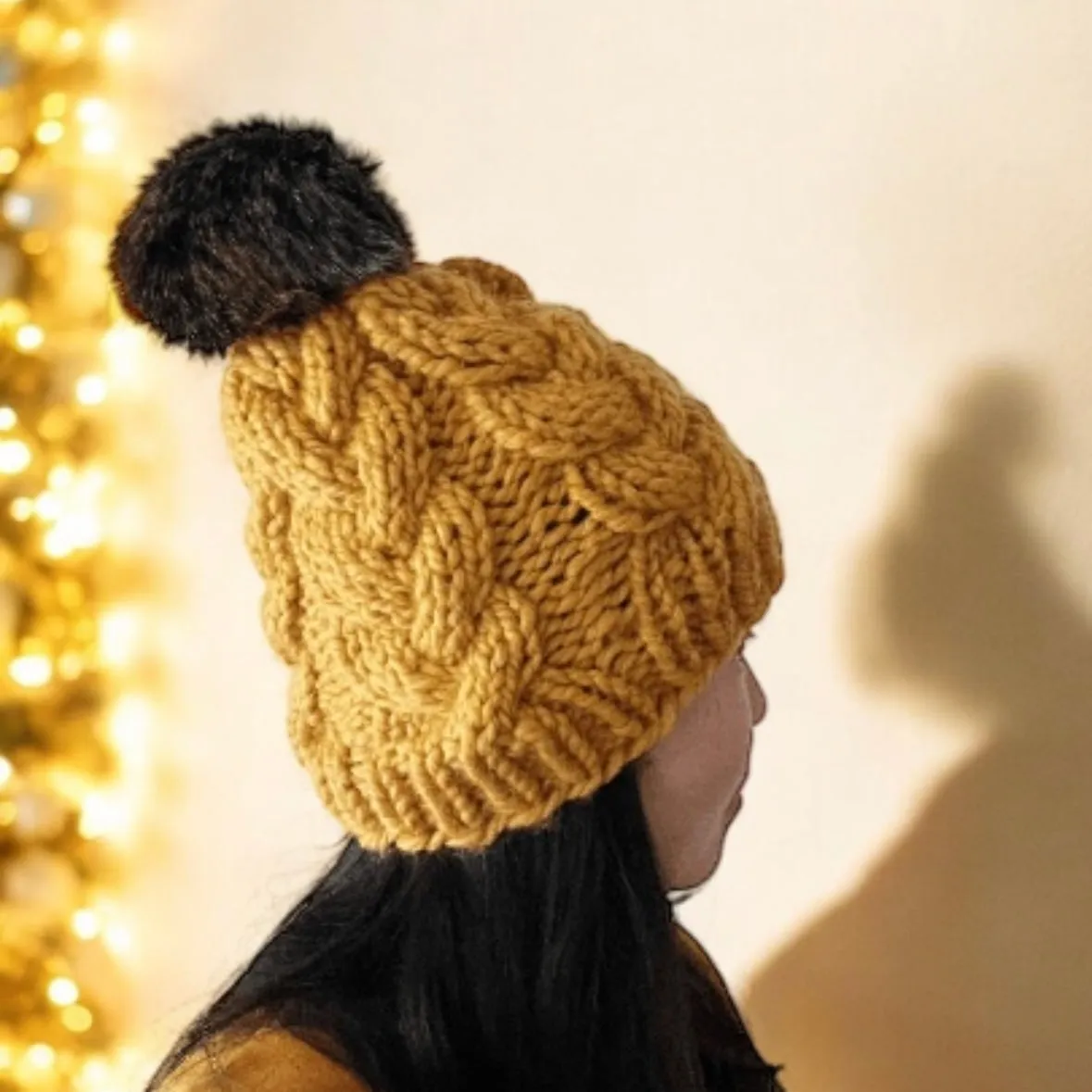 Handknit Chunky Cable Beanie | Knit Beret | Slouchy Hat in mustard | Knit beanie in yellow | Fluffy cozy fur pom pom winter hat