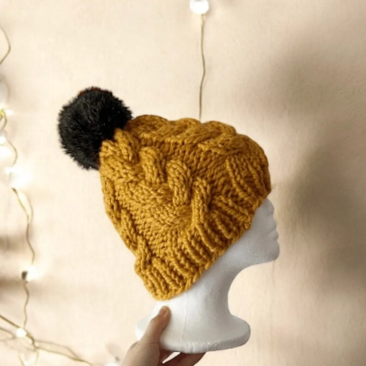 Handknit Chunky Cable Beanie | Knit Beret | Slouchy Hat in mustard | Knit beanie in yellow | Fluffy cozy fur pom pom winter hat