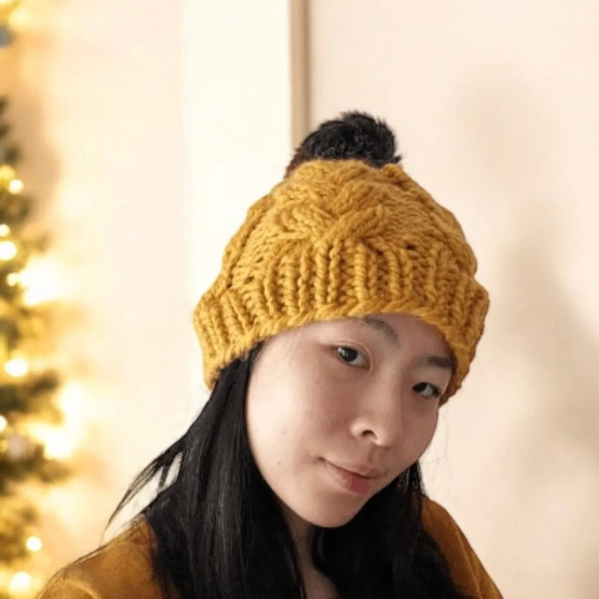 Handknit Chunky Cable Beanie | Knit Beret | Slouchy Hat in mustard | Knit beanie in yellow | Fluffy cozy fur pom pom winter hat