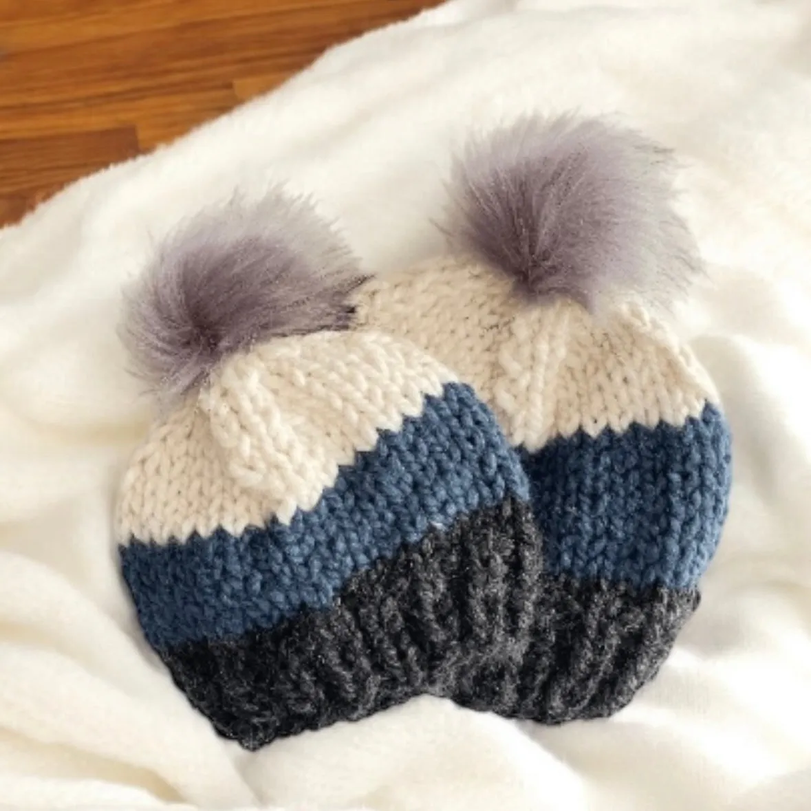 Handknit fur Pom Pom Beanie in blue black white mix| Baby Newborn toddler knit hat | Chunky Beanie |Baby shower photo prop baby gift