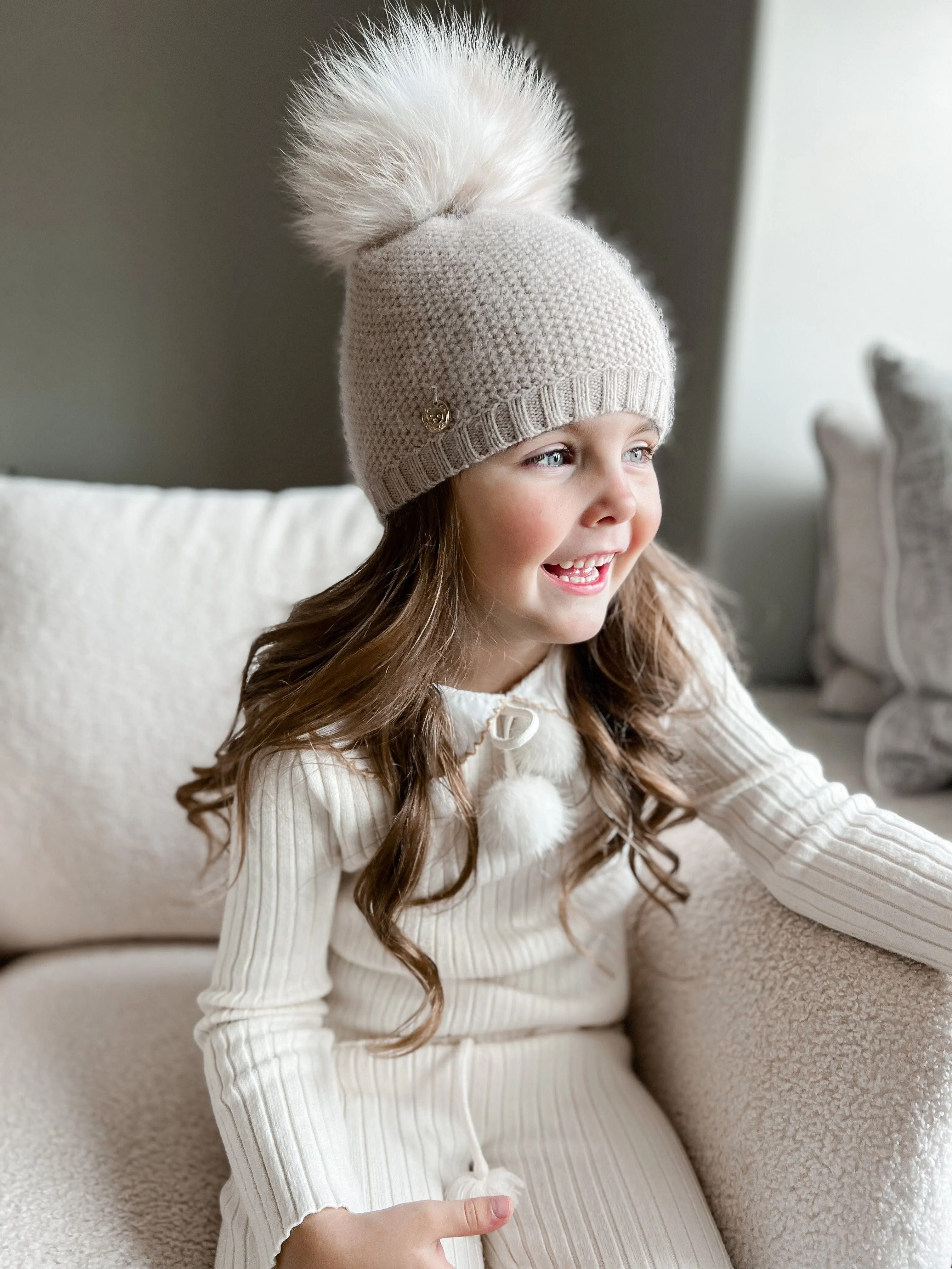 Honeycomb Beige Cashmere Beanie with White Print Pom