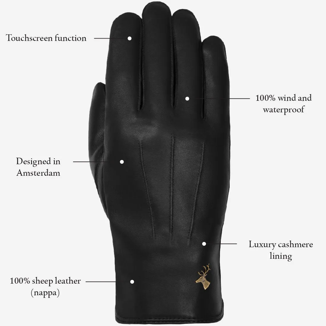 James (black) - classic sheepskin leather gloves with luxurious cashmere lining & touchscreen feature