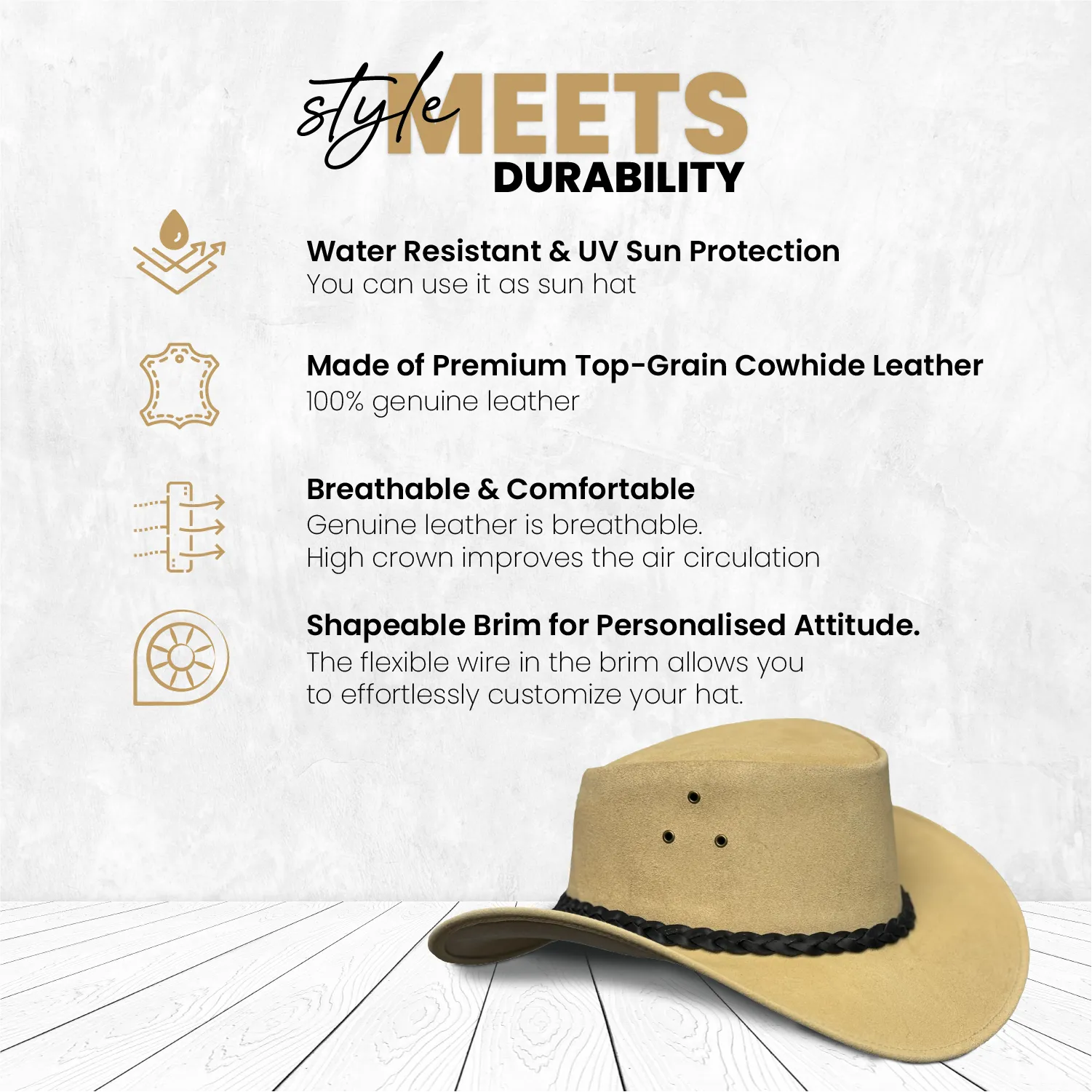 Lesa Collection Tan Suede Buttermere Leather Cowboy Hat for Women with Black Braided Band – Stylish Men's Western Hat with Ventilation Eyelets