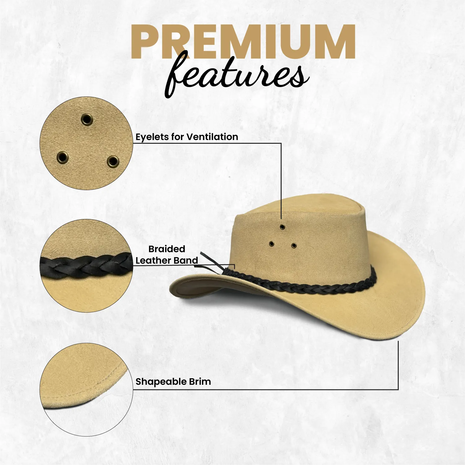 Lesa Collection Tan Suede Buttermere Leather Cowboy Hat for Women with Black Braided Band – Stylish Men's Western Hat with Ventilation Eyelets