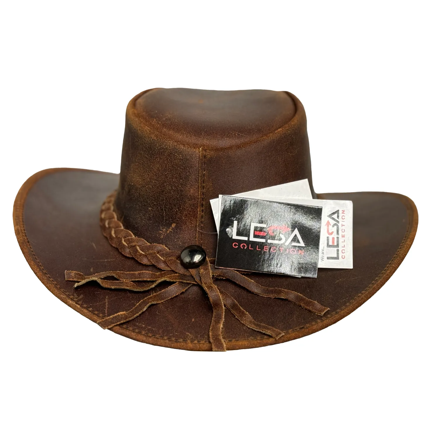 Lesa Collection Vintage Gunner Leather Cowboy Hat with Braided Band - Stylish Cowgirl Hat with Removable Chinstrap