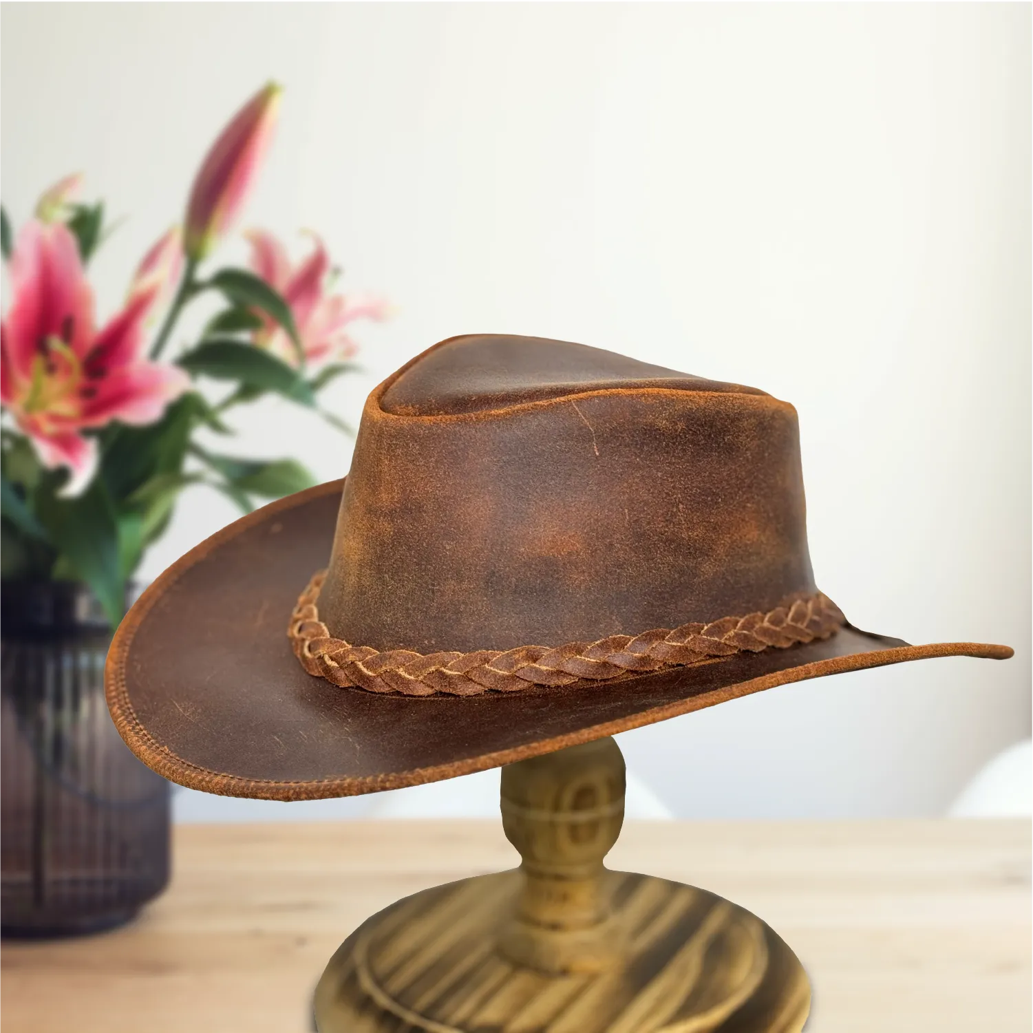 Lesa Collection Vintage Gunner Leather Cowboy Hat with Braided Band - Stylish Cowgirl Hat with Removable Chinstrap