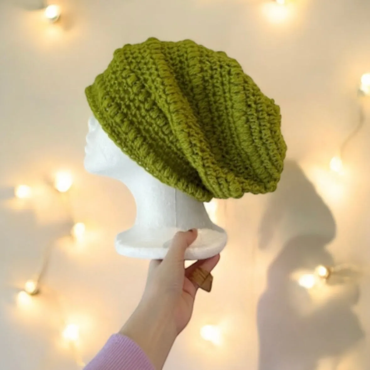 Light green crochet Slouchy Beanie | Chrochet Beret | Slouchy Hat in lime | Knit beanie in pink | cozy winter beret hat