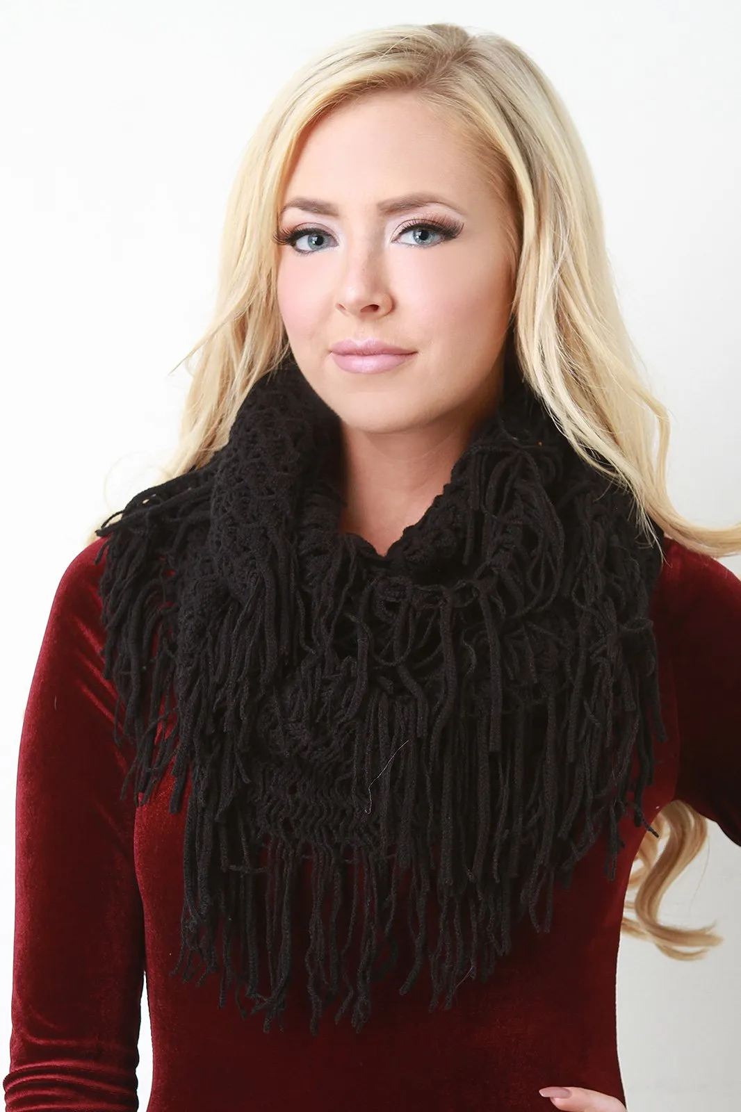 Loose Knit Fringe Hem Infinity Scarf