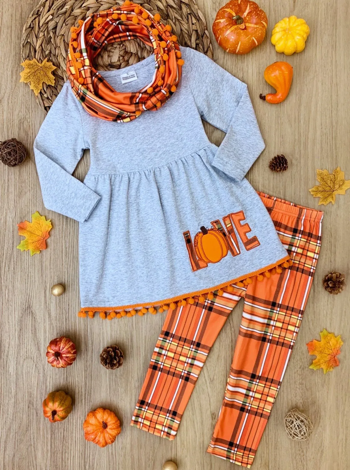 Love Pumpkins Tunic, Plaid Leggings and Scarf Set