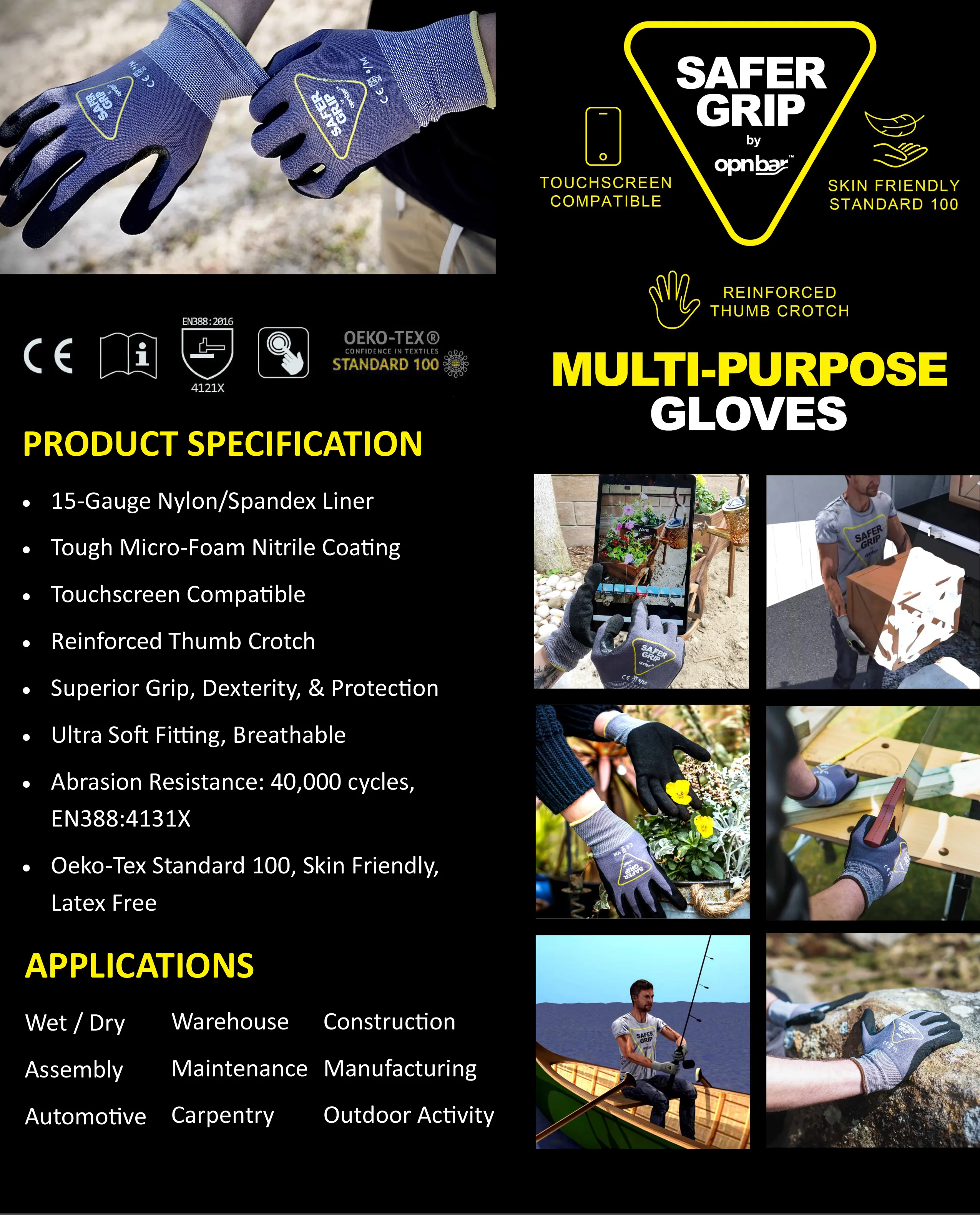 Mechanic Gloves - Nitrile Coated Gloves with Touchscreen - Safer Grip by OPNBAR™ (2-Pack)