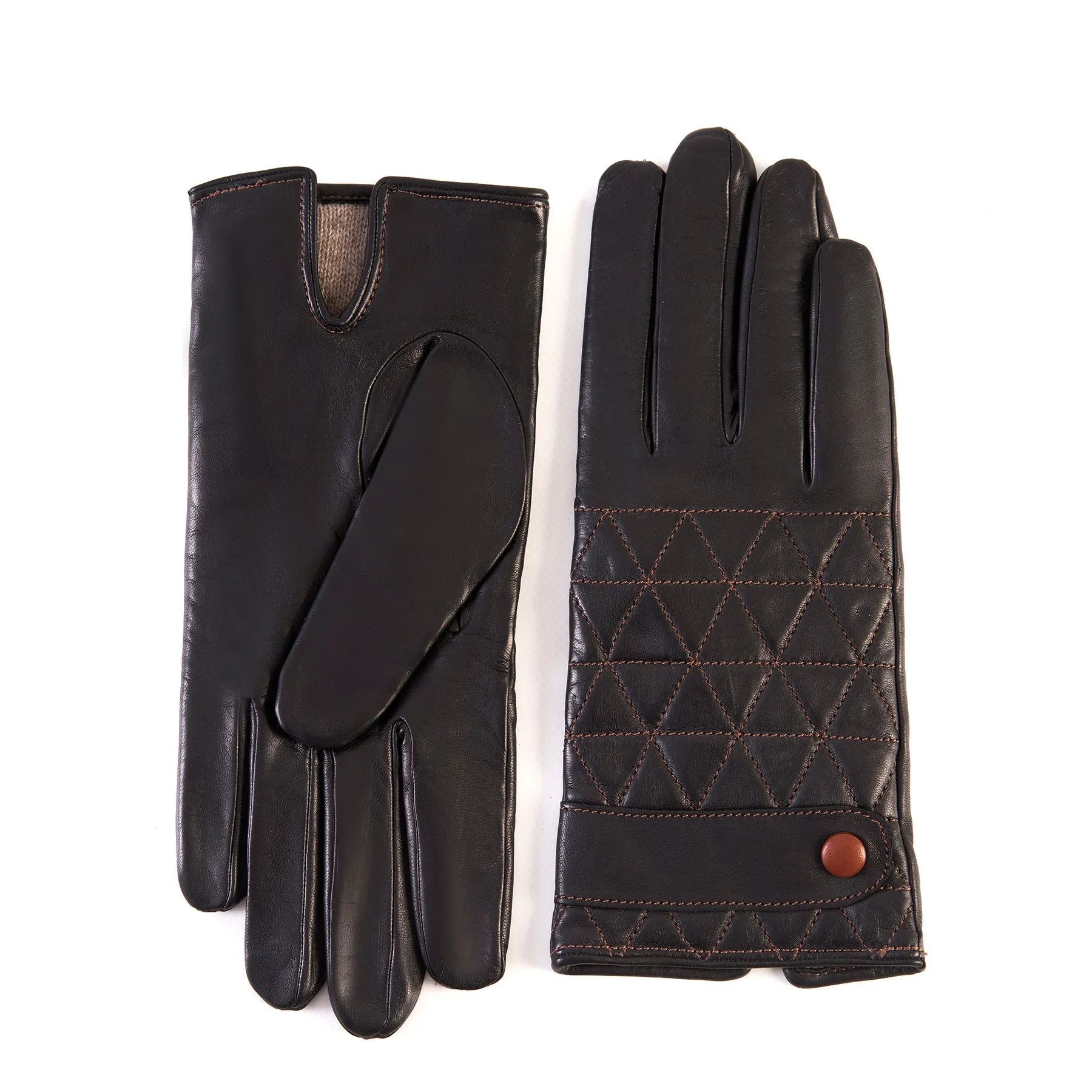 Men's dark brown quilted top sheepskin gloves with strap and contrast stitching details with cashmere lining