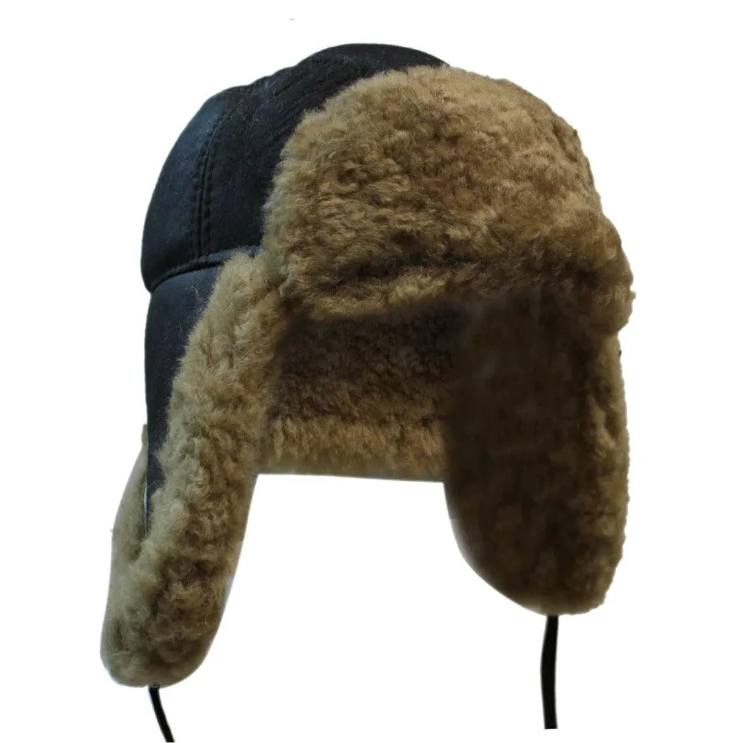 Mens Real Sherling Sheepskin Pilot Aviator Trapper Hat Brown Ginger Flying Cap Leather