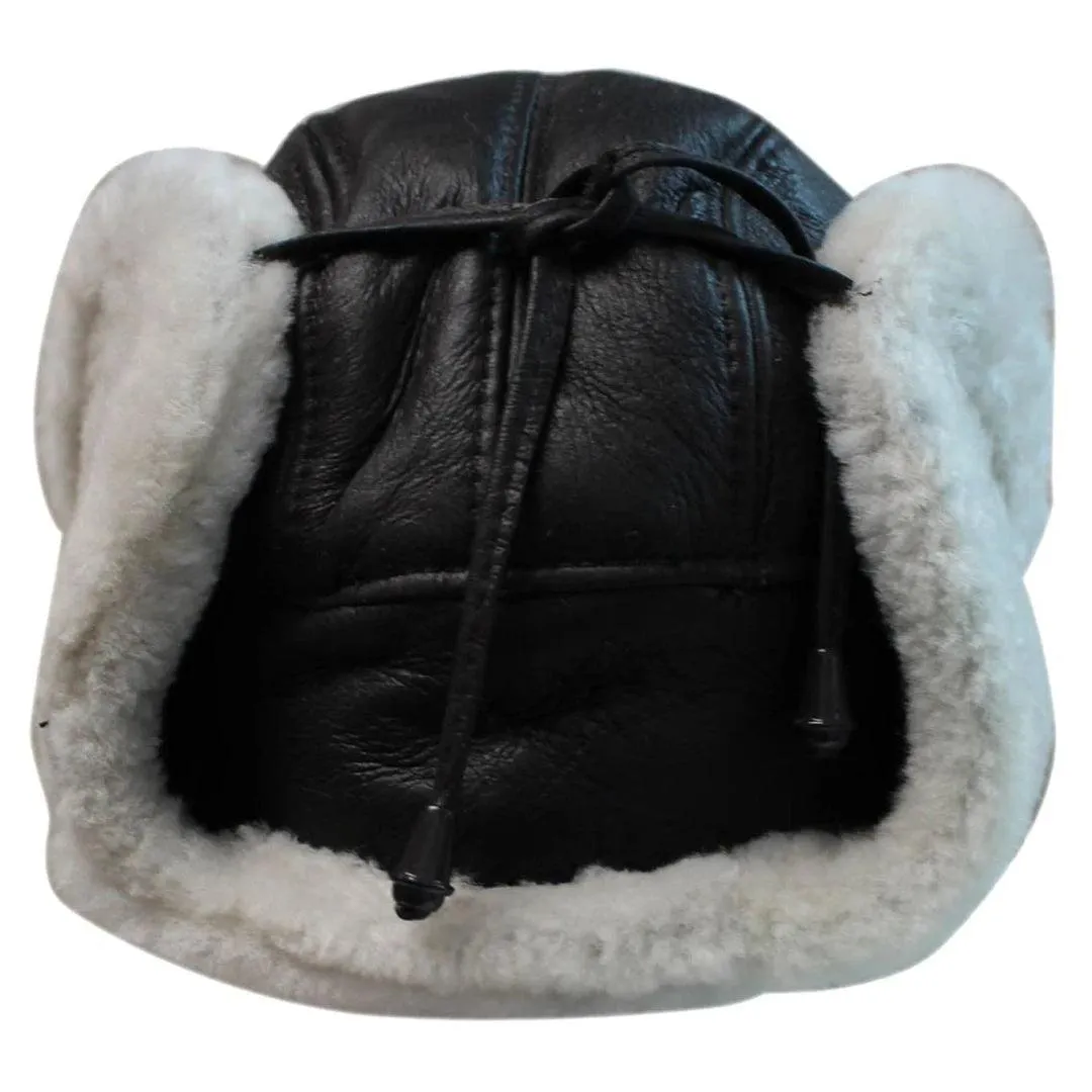 Mens Real Sherling Sheepskin Pilot Aviator Trapper Hat Brown Ginger Flying Cap Leather