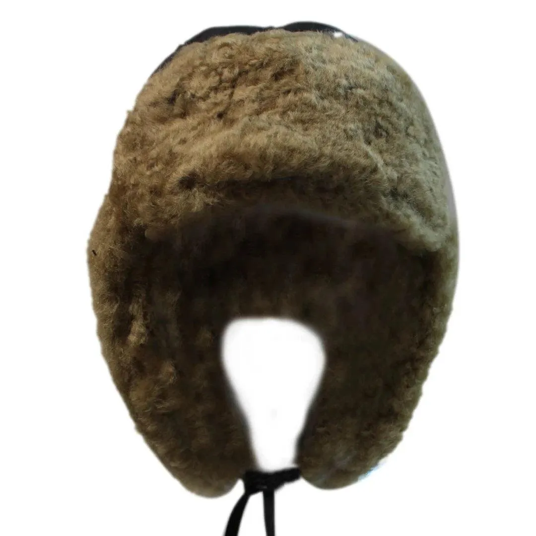 Mens Real Sherling Sheepskin Pilot Aviator Trapper Hat Brown Ginger Flying Cap Leather