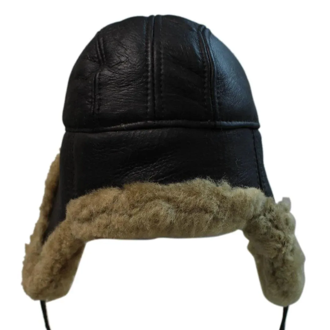 Mens Real Sherling Sheepskin Pilot Aviator Trapper Hat Brown Ginger Flying Cap Leather