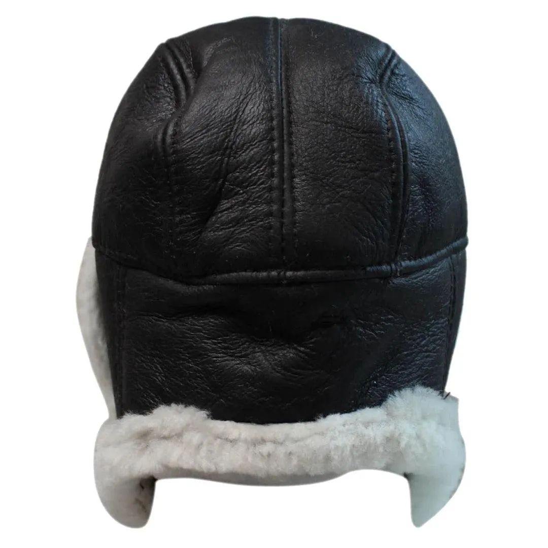 Mens Real Sherling Sheepskin Pilot Aviator Trapper Hat Brown Ginger Flying Cap Leather