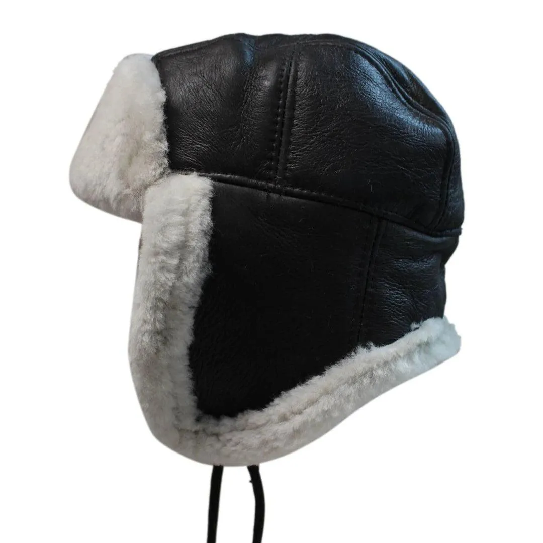 Mens Real Sherling Sheepskin Pilot Aviator Trapper Hat Brown Ginger Flying Cap Leather