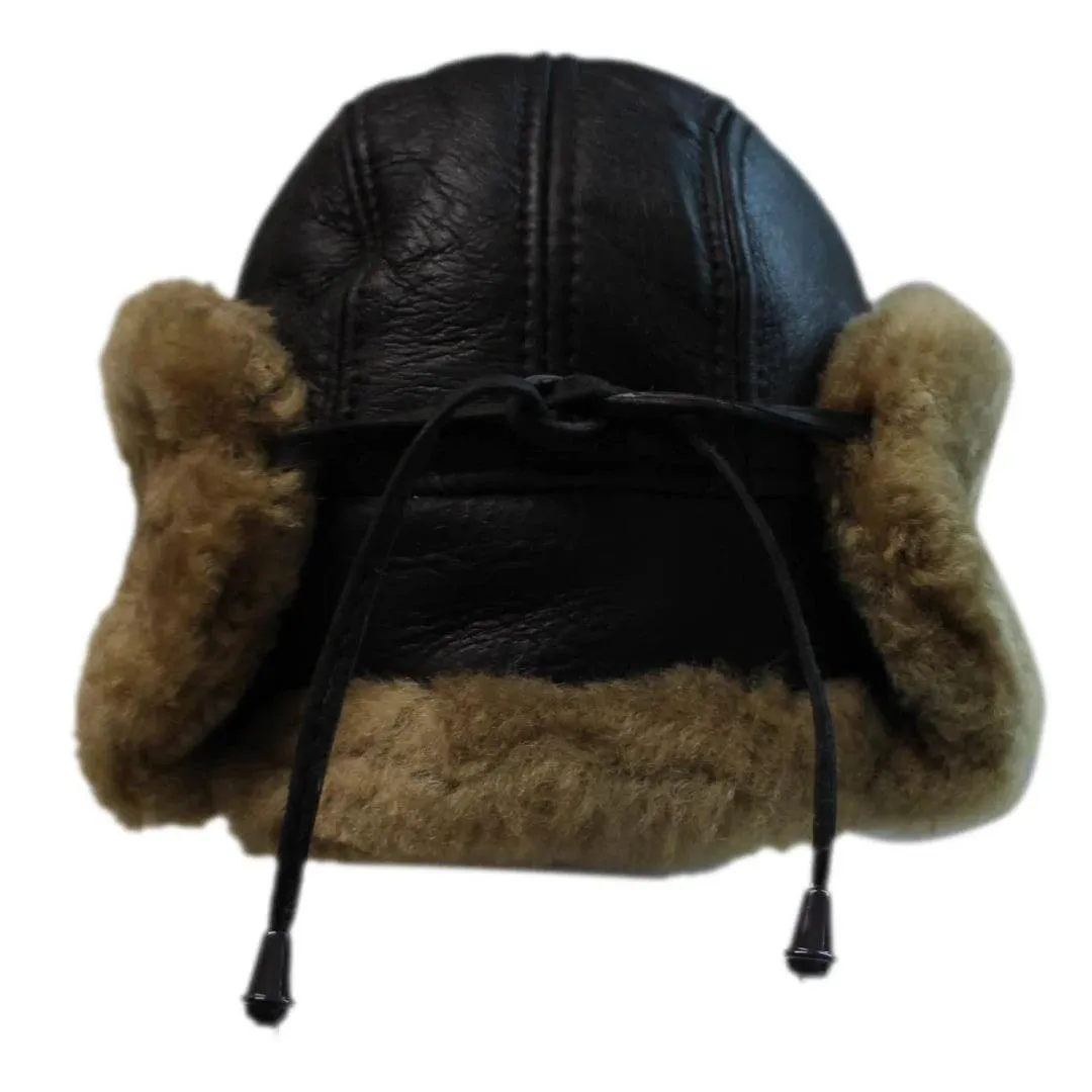 Mens Real Sherling Sheepskin Pilot Aviator Trapper Hat Brown Ginger Flying Cap Leather