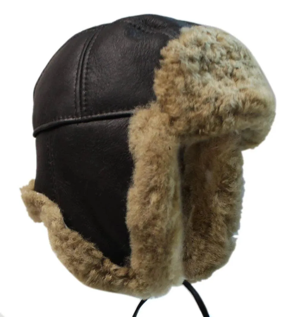 Mens Real Sherling Sheepskin Pilot Aviator Trapper Hat Brown Ginger Flying Cap Leather