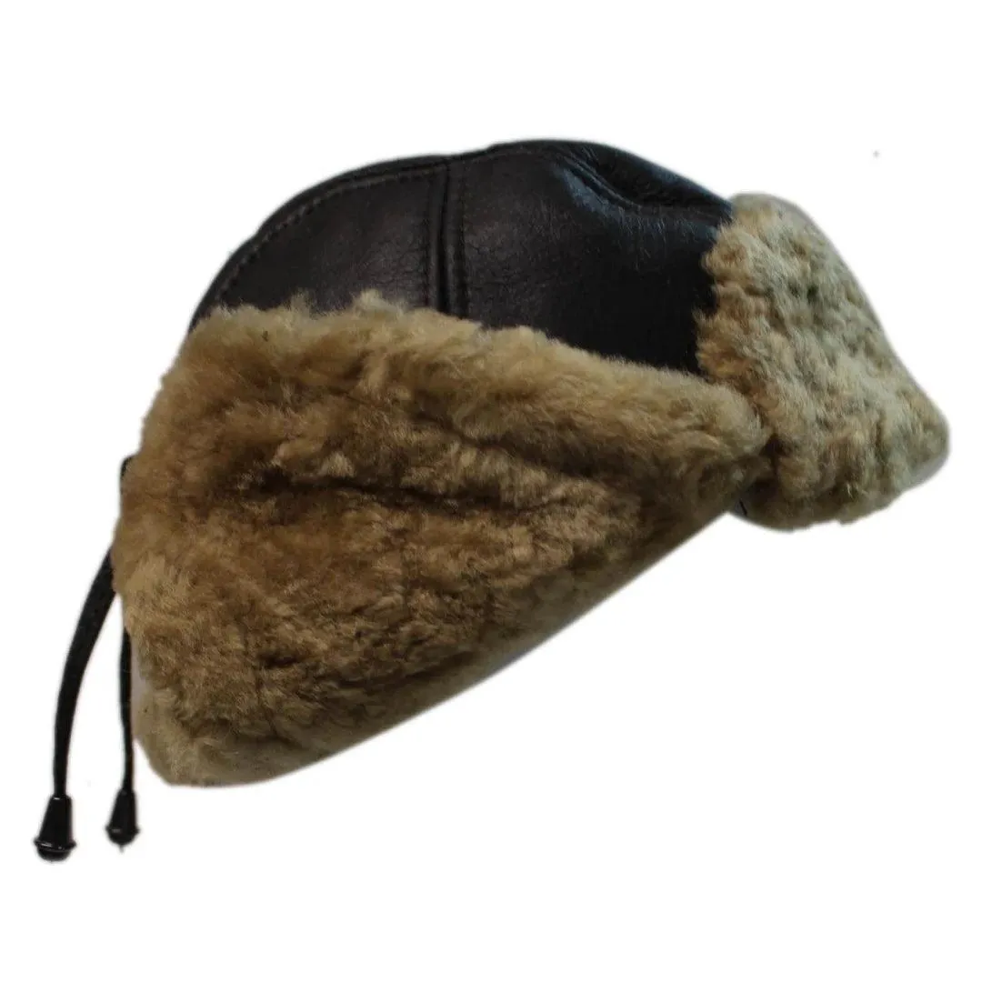 Mens Real Sherling Sheepskin Pilot Aviator Trapper Hat Brown Ginger Flying Cap Leather