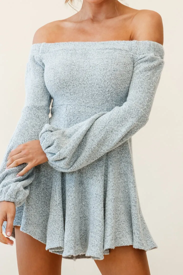 Morais Puff Sleeve Off Shoulder Fit and Flare Sweater Dress Grey