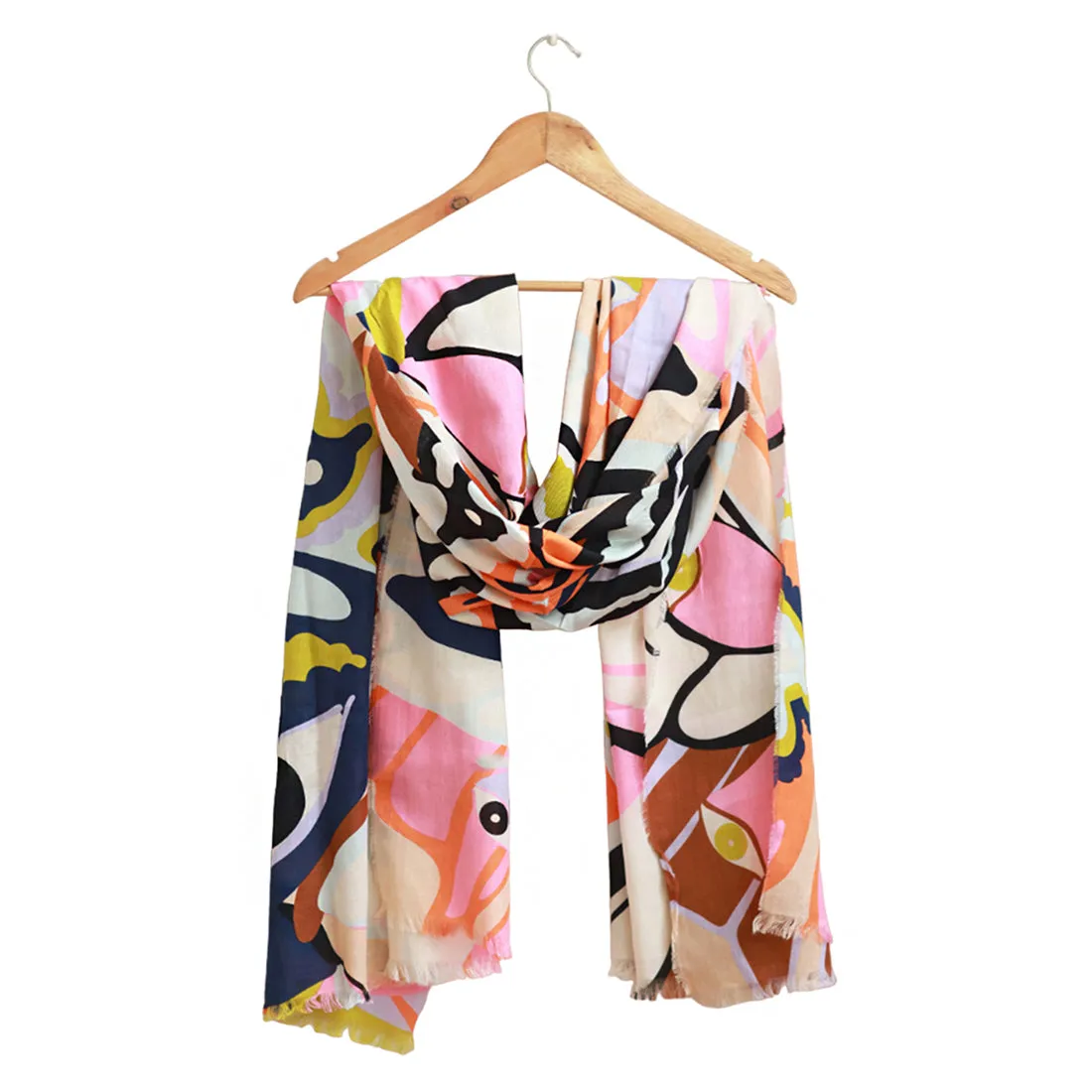 Multicolor Pastel Evil Eye, Butterfly Patterns Abstract Printed Big Viscose Scarf