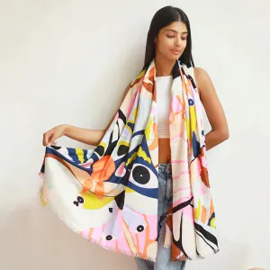 Multicolor Pastel Evil Eye, Butterfly Patterns Abstract Printed Big Viscose Scarf