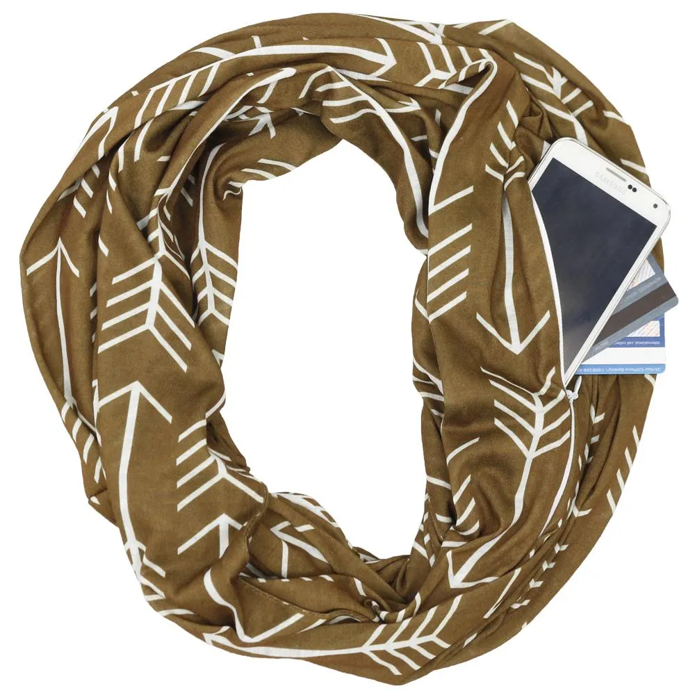 Pop Fashion Women's Arrow Patterned Infinity Scarf with Zipper Pocket, Travel Infinity Scarves