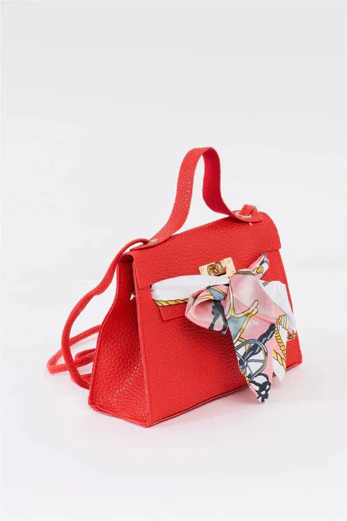 Red Textured Pleather Twilly Scarf Mini Satchel Handbag