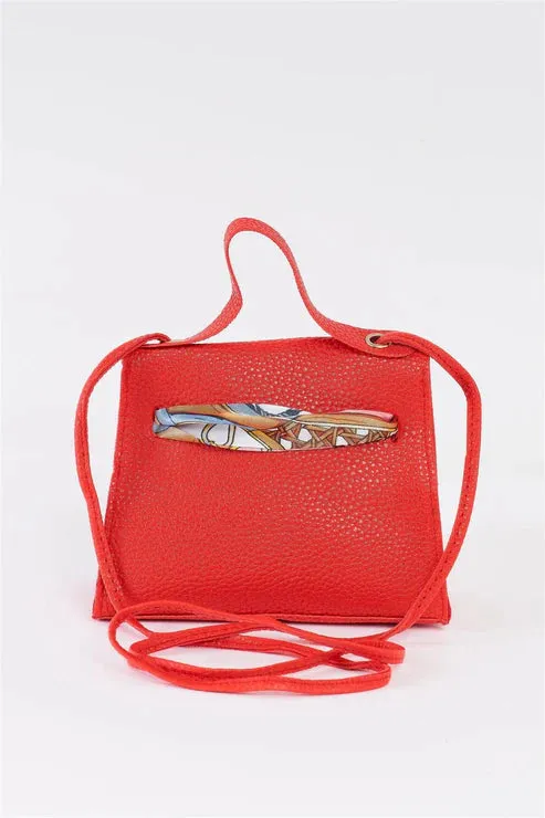 Red Textured Pleather Twilly Scarf Mini Satchel Handbag