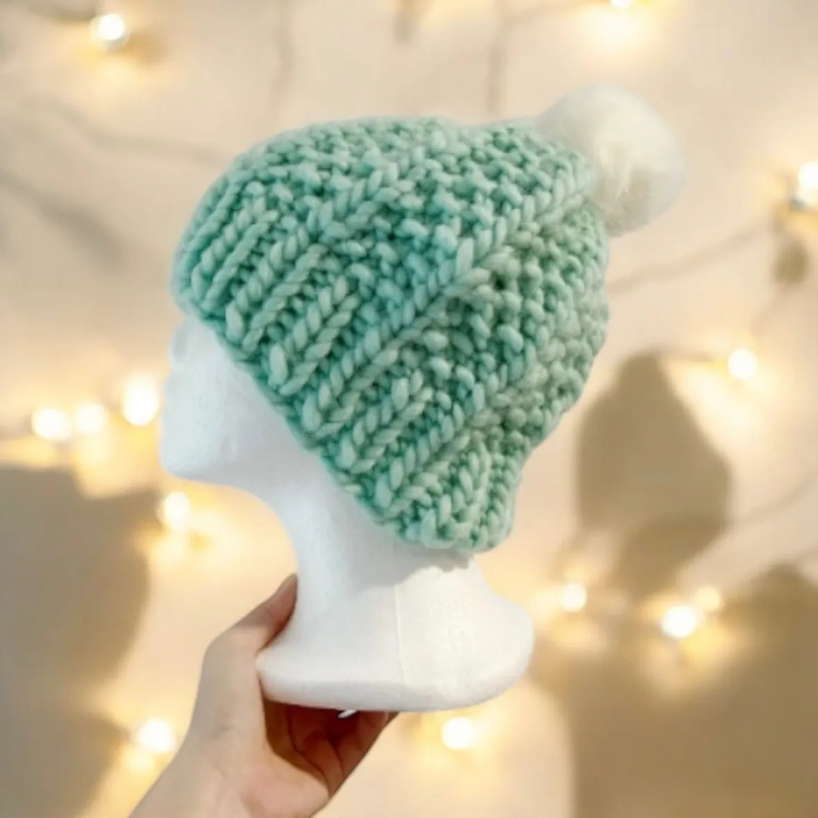 Super chunky faux fur pompom slouchy hat | knit winter beanie | cozy warm knit hat | mint green colour hat