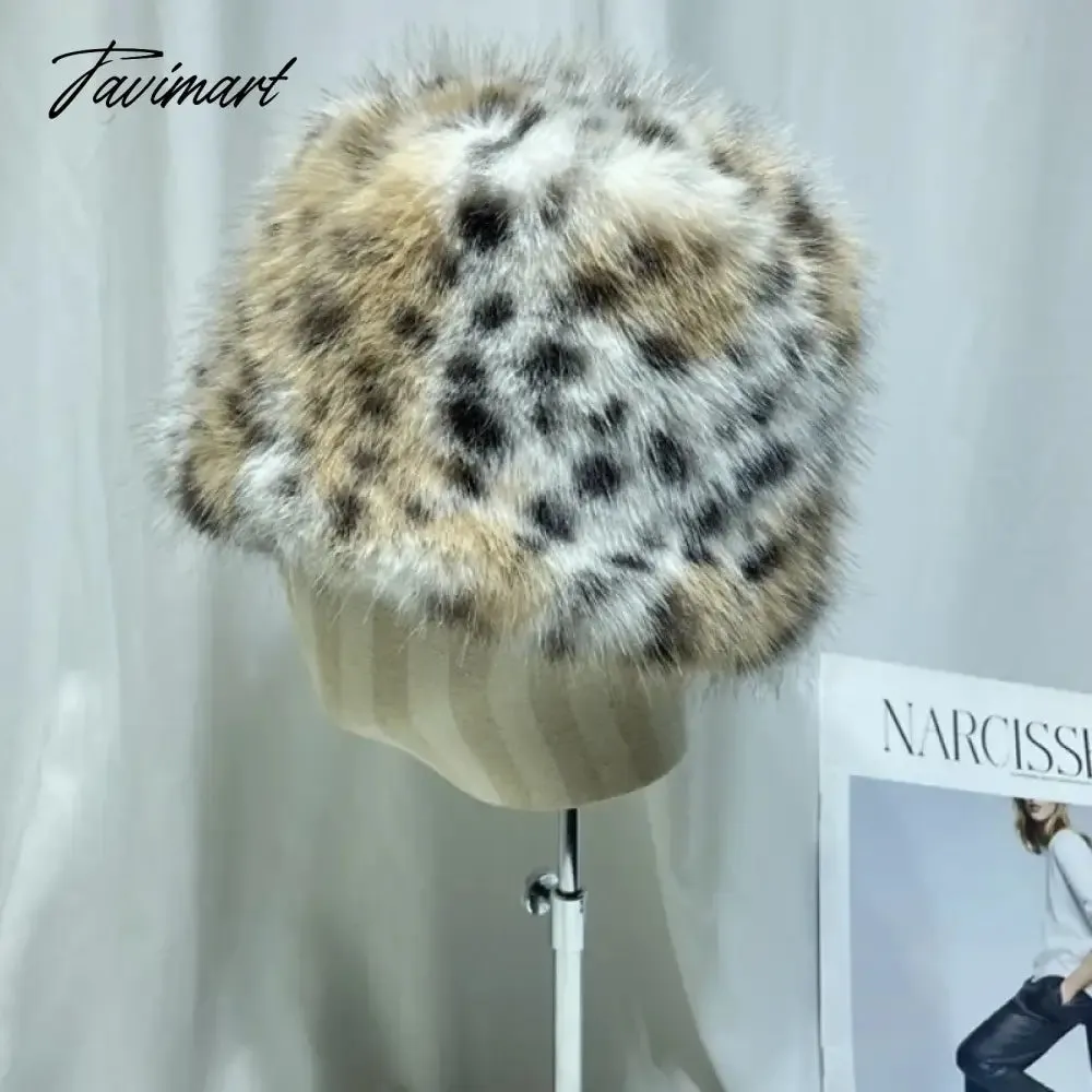 Tavimart Ins Leopard Print Bucket Hat Women Fashion Furry Fisherman Cap Faux Fur Warm Winter Luxury Ear Protection Plush Panama for Girls