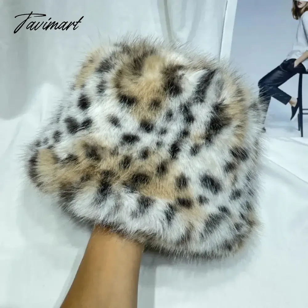 Tavimart Ins Leopard Print Bucket Hat Women Fashion Furry Fisherman Cap Faux Fur Warm Winter Luxury Ear Protection Plush Panama for Girls